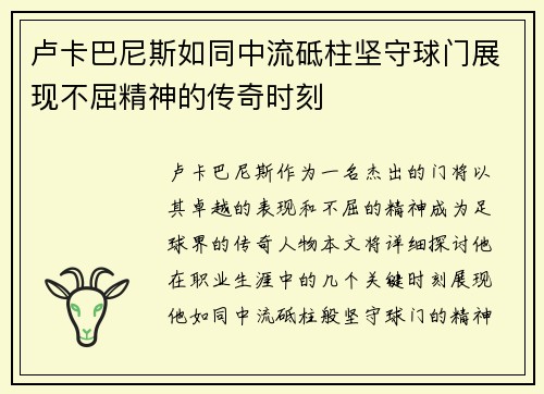 卢卡巴尼斯如同中流砥柱坚守球门展现不屈精神的传奇时刻
