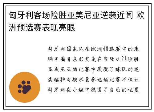 匈牙利客场险胜亚美尼亚逆袭近闻 欧洲预选赛表现亮眼