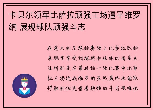 卡贝尔领军比萨拉顽强主场逼平维罗纳 展现球队顽强斗志