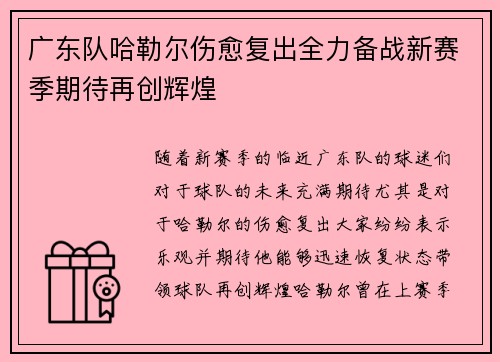 广东队哈勒尔伤愈复出全力备战新赛季期待再创辉煌