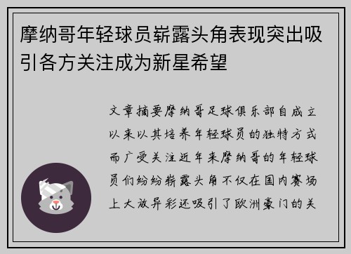 摩纳哥年轻球员崭露头角表现突出吸引各方关注成为新星希望