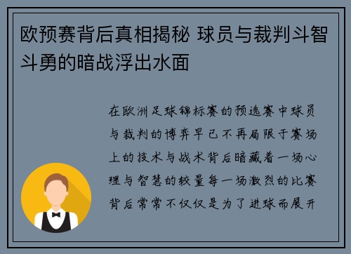 欧预赛背后真相揭秘 球员与裁判斗智斗勇的暗战浮出水面