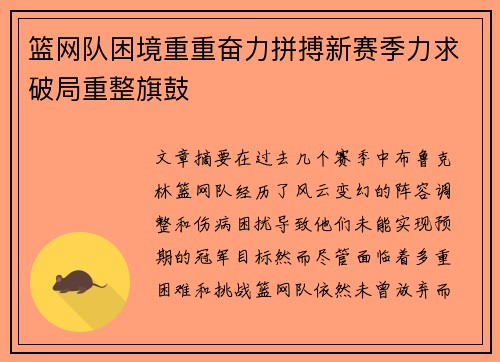 篮网队困境重重奋力拼搏新赛季力求破局重整旗鼓