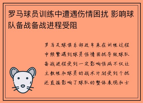 罗马球员训练中遭遇伤情困扰 影响球队备战备战进程受阻