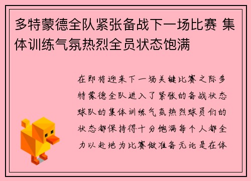 多特蒙德全队紧张备战下一场比赛 集体训练气氛热烈全员状态饱满