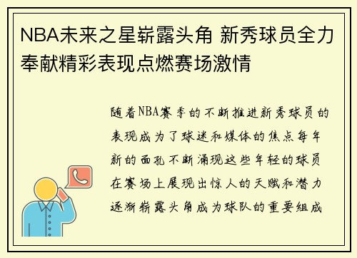 NBA未来之星崭露头角 新秀球员全力奉献精彩表现点燃赛场激情
